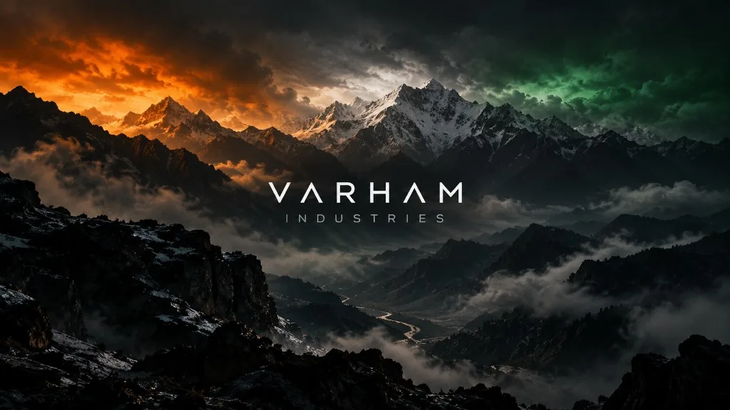 Varham Industries across a mountain valley under a saffron, white and green sky