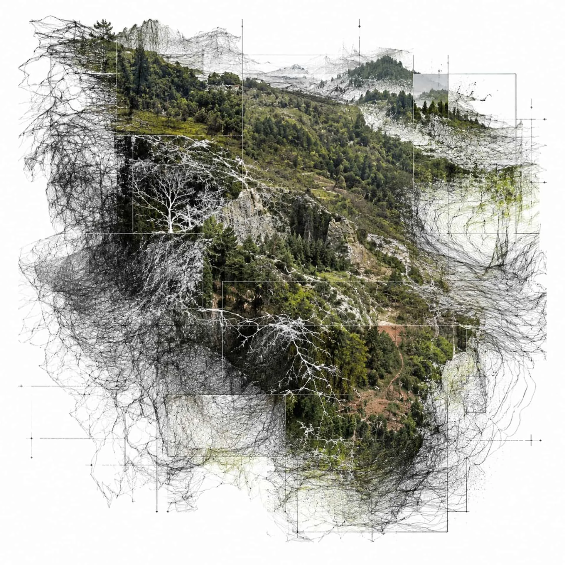 Mountain landscape drawn as a topographic sketch with contour lines