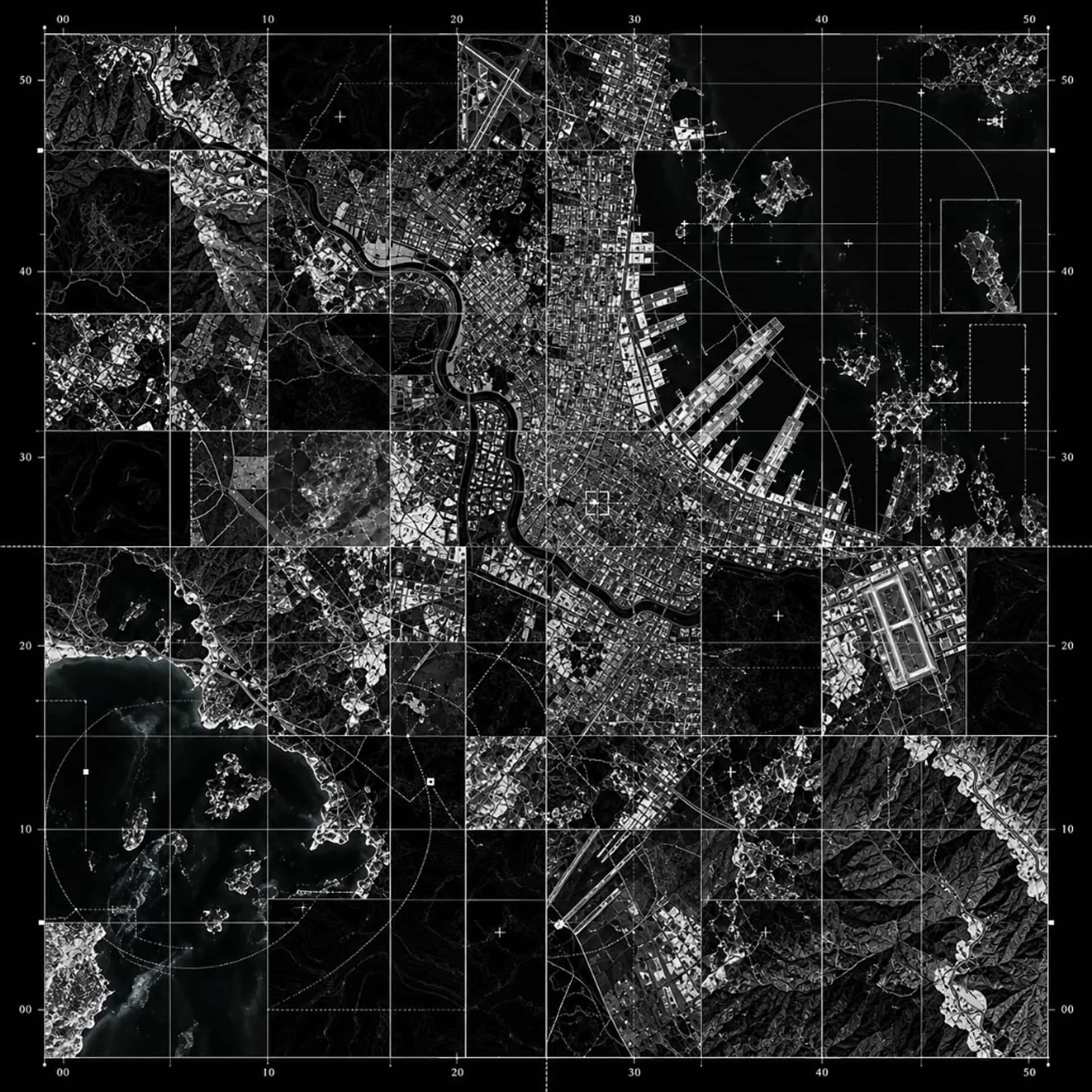 Monochrome satellite map of a coastal city overlaid with a survey grid