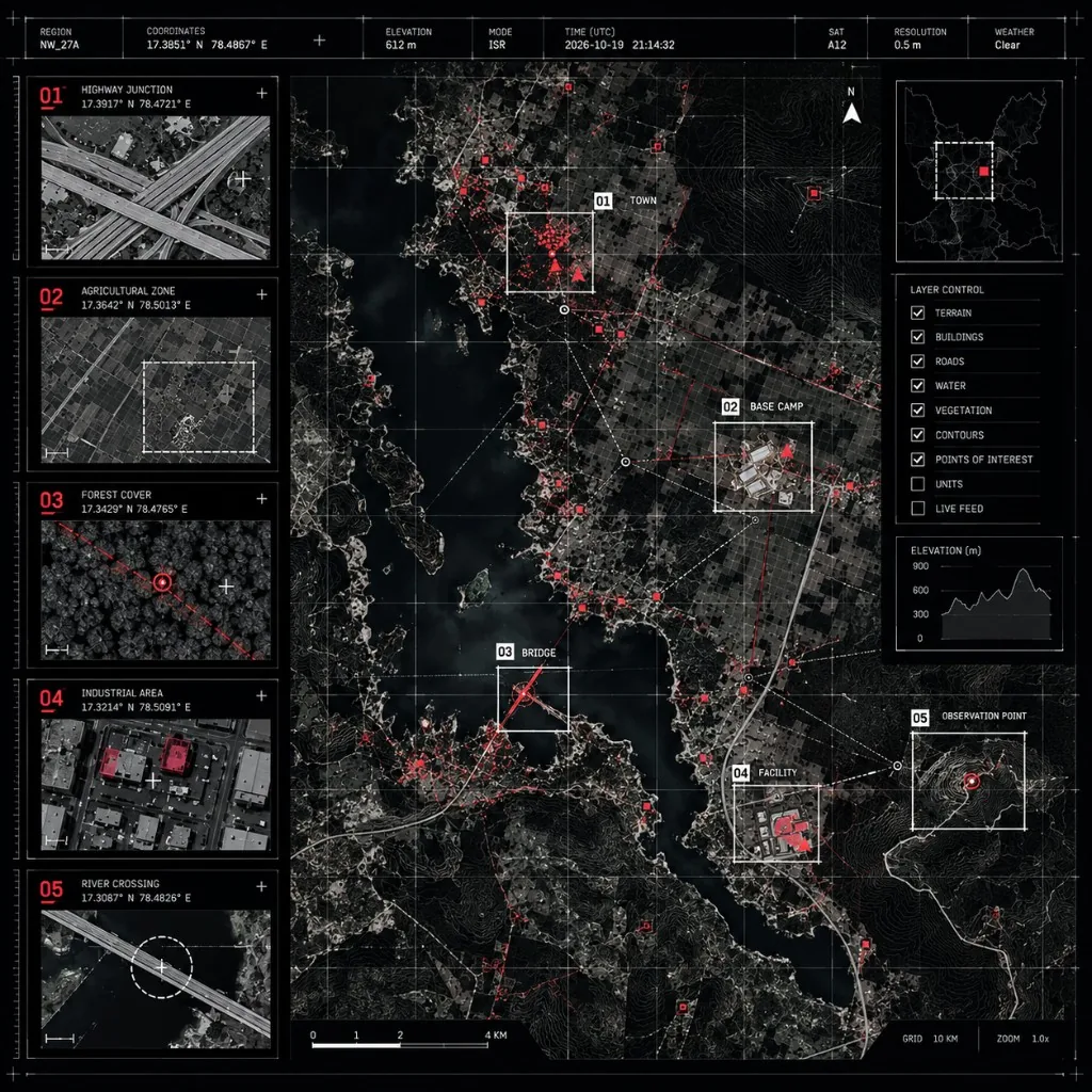 Geospatial intelligence map with marked zones, terrain layers and an elevation profile