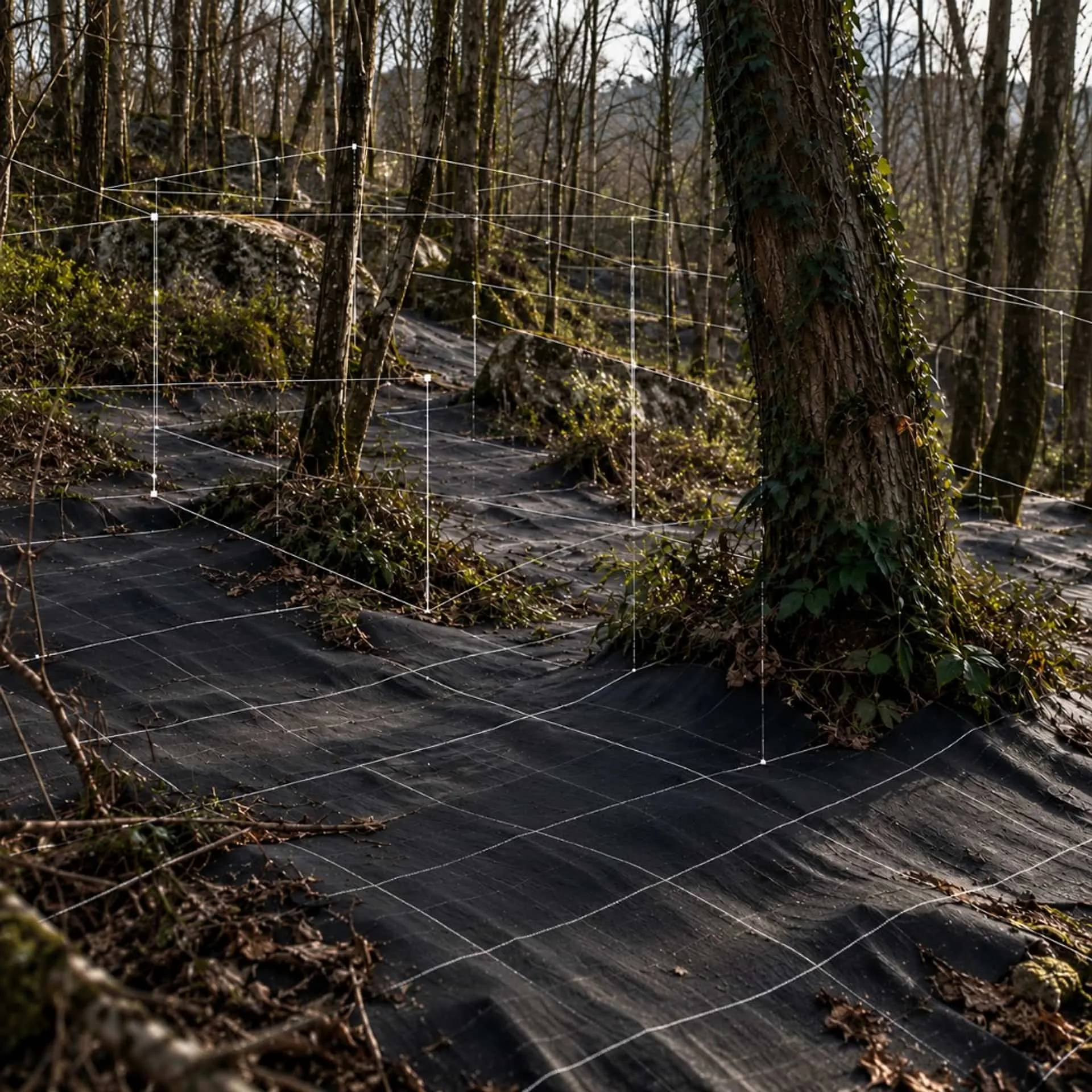 Woodland floor with a white survey grid projected across the trees and ground